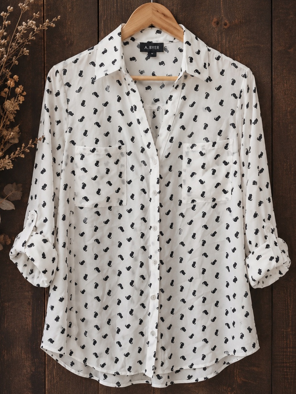 A. Byer Black Cat Print Button Down Top Large Career Office Dressy Academia Chic